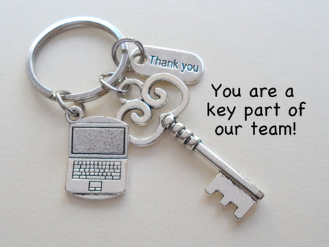 Key & Laptop Charm Keychain with Thank You Charm, Employee Keychain, Telework, Remote Work Staff, Secretary, Receptionist, Office Staff, or IT Keychain