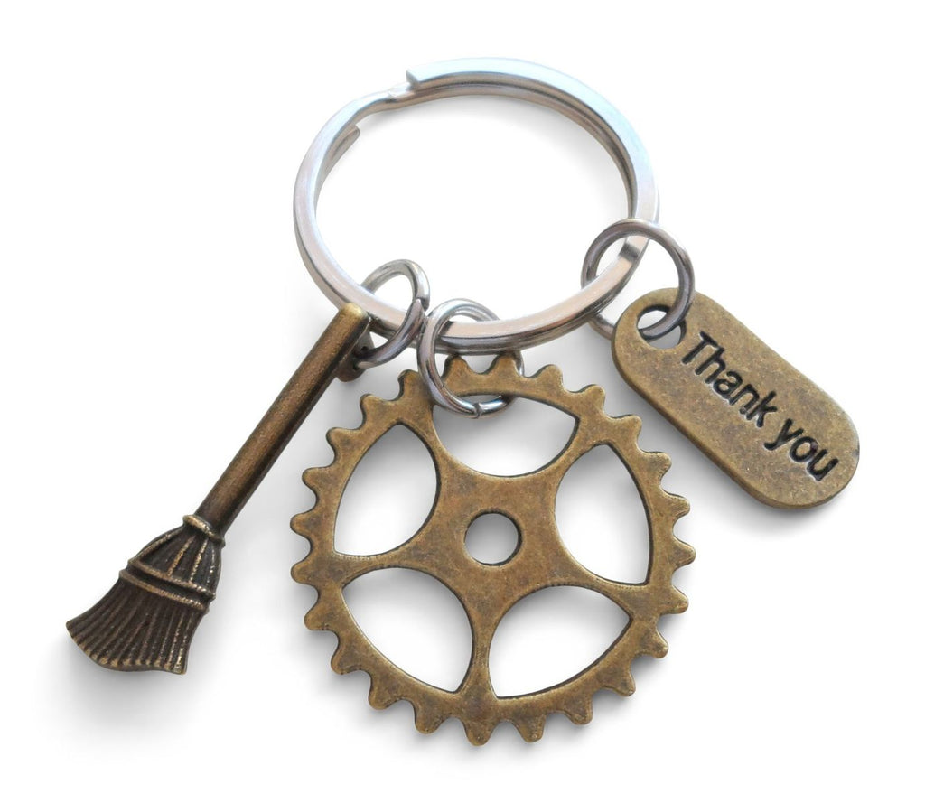 Housekeeping Appreciation Gift Keychain; Bronze Gear, Broom, & Thank You Charm Keychain