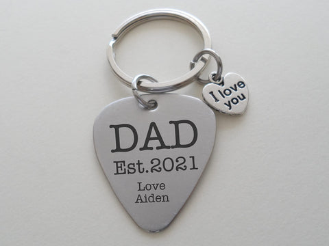 Custom Engraved Stainless Steel Guitar Pick Keychain with Heart Charm for Father's Day or Gift for Dad