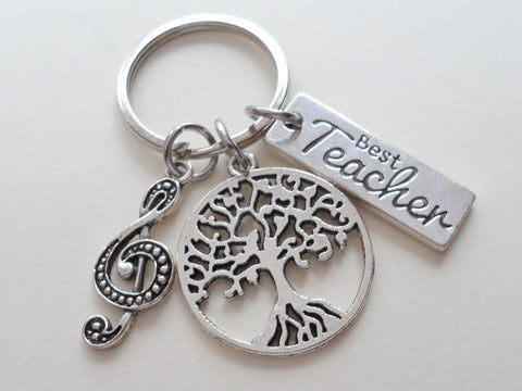 Music Teacher Keychain; Tree, Treble Clef & Best Teacher Charm Keychain