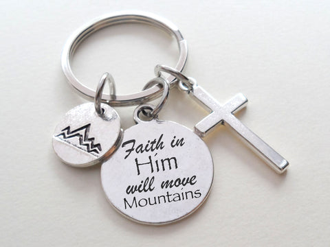 Cross & Mountain Charm Keychain with Engraved Faith in Him Disc, Religious Christian Keychain