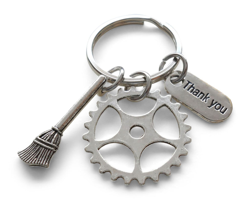 Housekeeping Appreciation Gift Keychain; Gear, Broom, & Thank You Charm Keychain