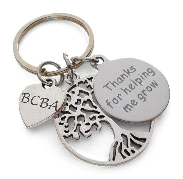 Board Certified Behavior Analyst Keychain, Keychain with Tree, BCBA Heart, and Thanks For Helping Me Grow Disc Charm, Appreciation Gift