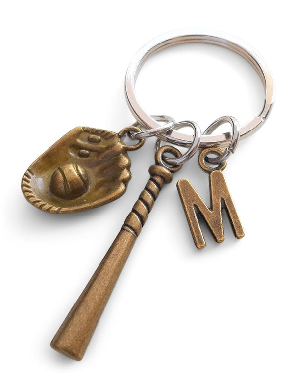 Custom Bronze Baseball Keychain with Baseball Glove & Baseball Bat Charm , Softball or Baseball Player Gift