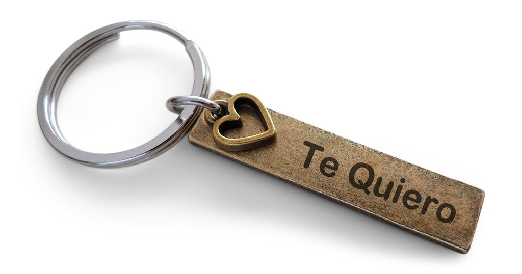 Small Antique Bronze Tag Keychain Engraved with "Te Quiero" (I Love You) in Spanish with Heart Charm, Couples Keychain