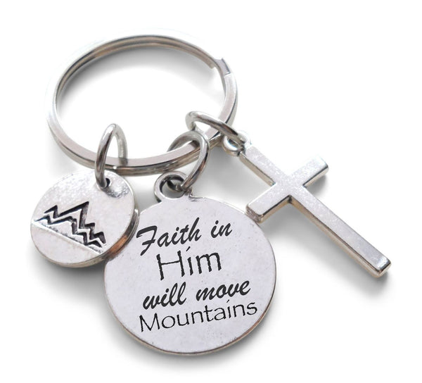 Cross & Mountain Charm Keychain with Engraved Faith in Him Disc, Religious Christian Keychain