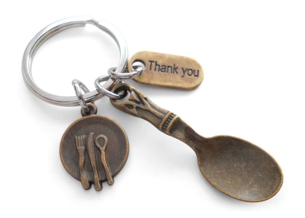 Bronze Lunch Server Spoon, Plate, and Thank You Charm Keychain, School Lunch Serving Staff Appreciation Gift