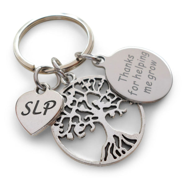 Speech Therapist Keychain, Speech Language Pathologist Keychain with Tree, SLP Heart, and Thanks For Helping Me Grow Disc Charm, Appreciation Gift