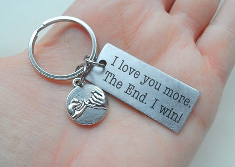 Pinky Promise Charm Keychain with Engraved Steel Tag "I Love You More. The End. I Win!", Couples Keychain