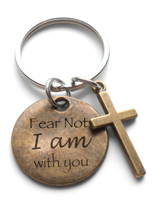Bronze Cross Charm Keychain with Engraved "Fear Not I am With You" Disc, Religious Christian Keychain