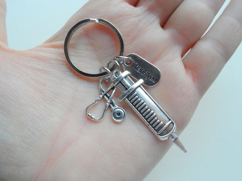 Syringe & Stethoscope Charm Keychain, Nurse Gift, Hospital Staff Appreciation Gift, Medical Team Gift, Thank You Gift