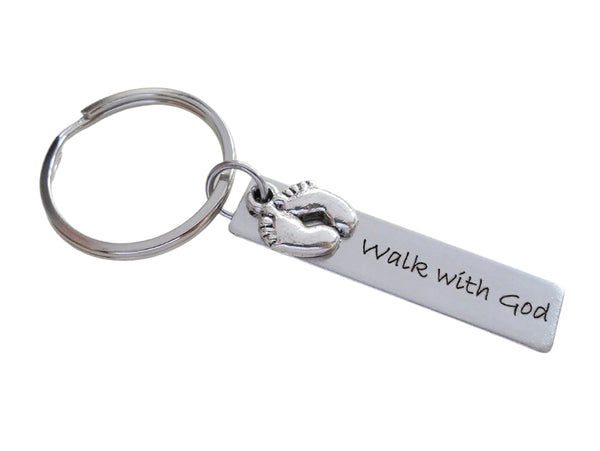 Walk With God Keychain, Engraved Steel Rectangle Tag with Baby Feet Charm