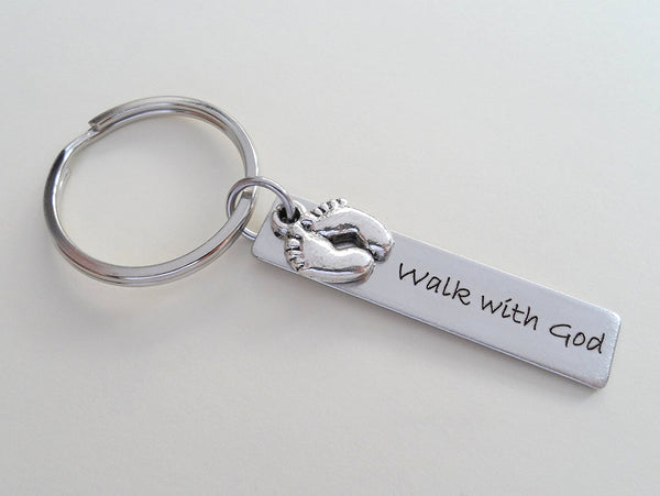 Walk With God Keychain, Engraved Steel Rectangle Tag with Baby Feet Charm