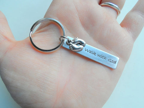 Walk With God Keychain, Engraved Steel Rectangle Tag with Baby Feet Charm