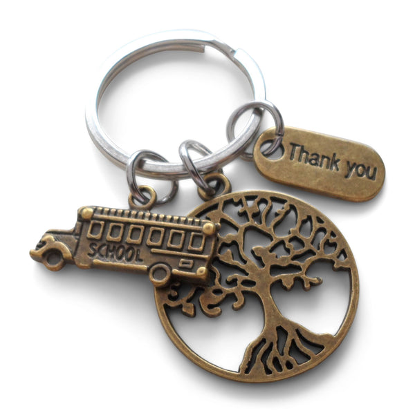 Bus Driver Appreciation Gift Keychain, School Bus Driver Gift, Bronze Bus, Tree & Thank You Charm Keychain