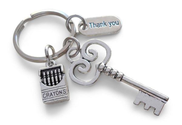 Key and Crayons Charm Keychain with Thank You Charm, School Teacher Appreciation Gift