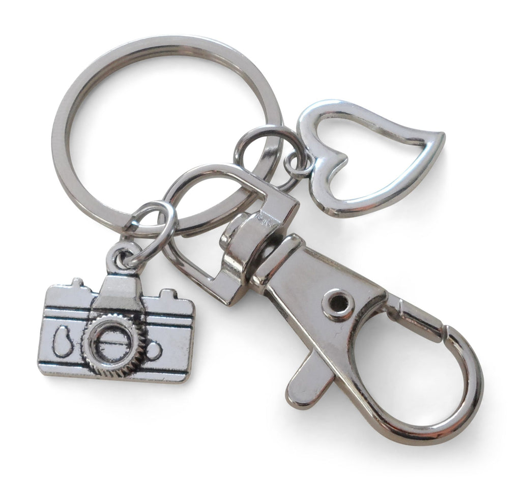 Camera Charm Keychain with Heart Charm and Swivel Clasp Hook, Photographer Keychain