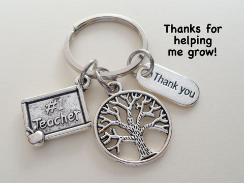 No. 1 Teacher Sign & Small Tree Keychain Appreciation Gift with Thank You Charm - Thanks for Helping Me Grow