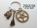 Housekeeping Appreciation Gift Keychain; Bronze Gear, Broom, & Work Gloves Charm Keychain