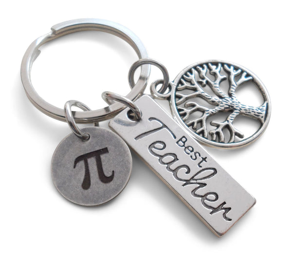 Math Teacher Keychain; Tree, Best Teacher & Pi Disc Charm Keychain