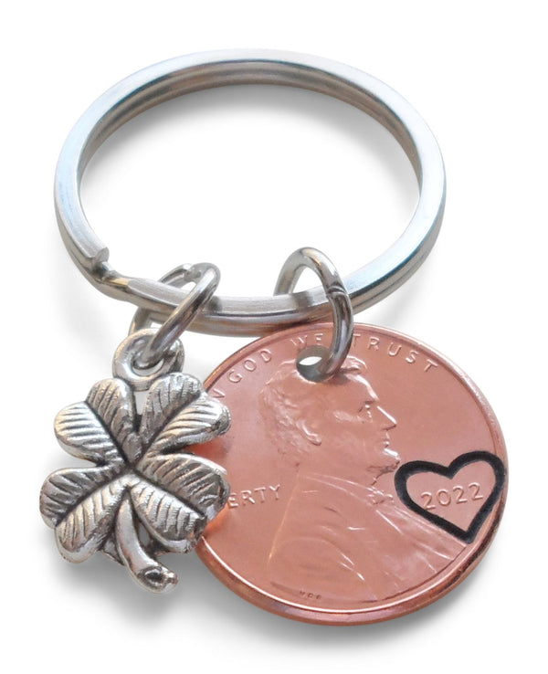 2022 US One Cent Penny Keychain with Heart Around Year & Clover Charm; Anniversary, Couples Keychain