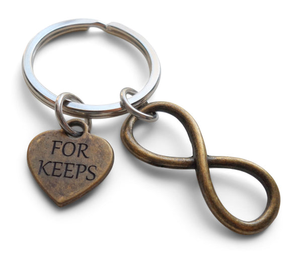 Bronze Infinity Symbol Charm With For Keeps Heart Charm Keychain - You and Me for Infinity