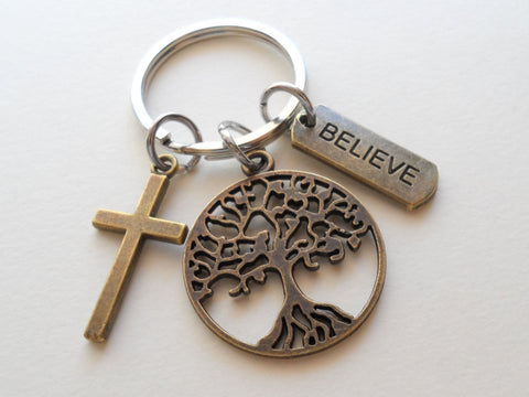 Bronze Tree, Cross, & Believe Charm Keychain, Religious Teacher Gift, Neighbor Gift