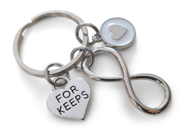 Infinity Symbol Keychain with "For Keeps" Heart & Heart Charm- You & Me For Infinity; Couples Keychain