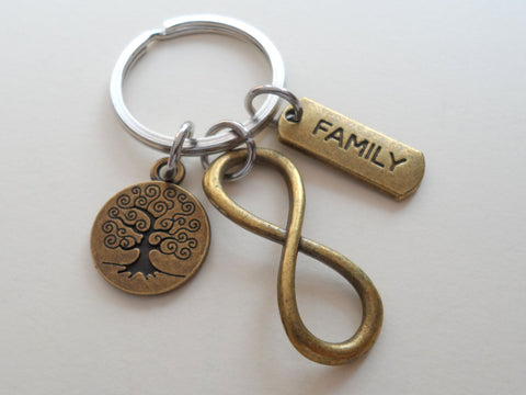 Bronze Infinity Symbol Charm Keychain with Family Tag & Tree Charm - For Infinity; Family Keychain