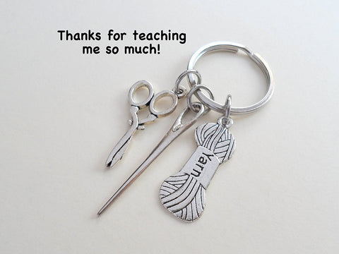 Teacher Appreciation Gifts • Yarn, Needle, & Scissors Keychain by JewelryEveryday w/ "Thanks for teaching me so much!" Card