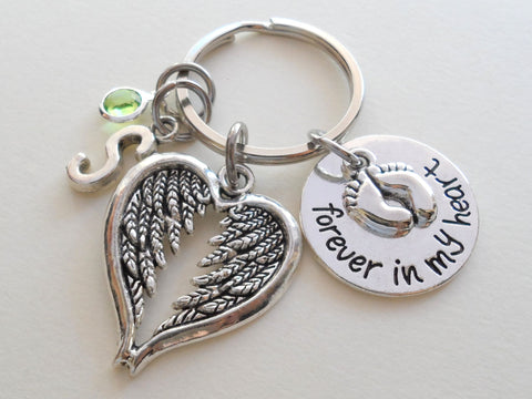 Custom Forever in My Heart Disc & Baby Feet Charm Keychain with Wings Charm, Letter Charm and Birthstone Charm, Infant Loss Gift, Miscarriage Stillborn, Memorial Keychain