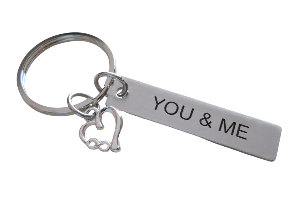 11 Year Anniversary Gift • Stainless Steel Tag Keychain Engraved w/ "You & Me" w/ Heart Charm with Infinity Symbol by JewelryEveryday