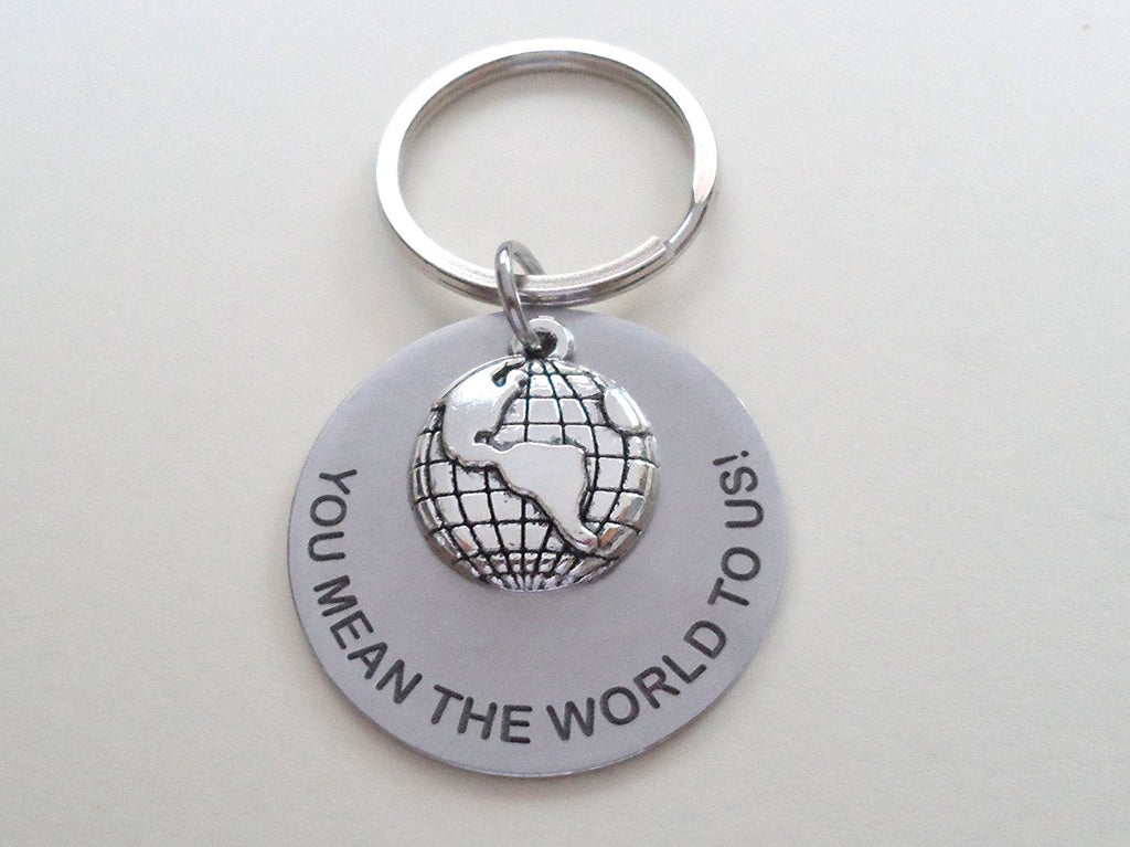 Employee Appreciation Gifts • Silver World Globe Keychain by JewelryEveryday w/ Aluminum "You Mean The World To Us!" Disc.