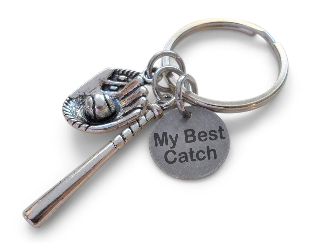 Baseball or Softball Keychain with Bat & Mitt Charm, and Disc Engraved with "My Best Catch"; Couples or Team Keychain