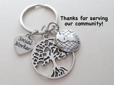 Social Worker Gift Keychain with Tree and World Charm, Community Advocate Gift, Thank you Gift