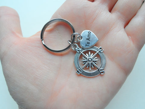 Compass Charm Keychain with Heart Tag Engraved "Te Amo" (I Love You) in Spanish, Couples Keychain