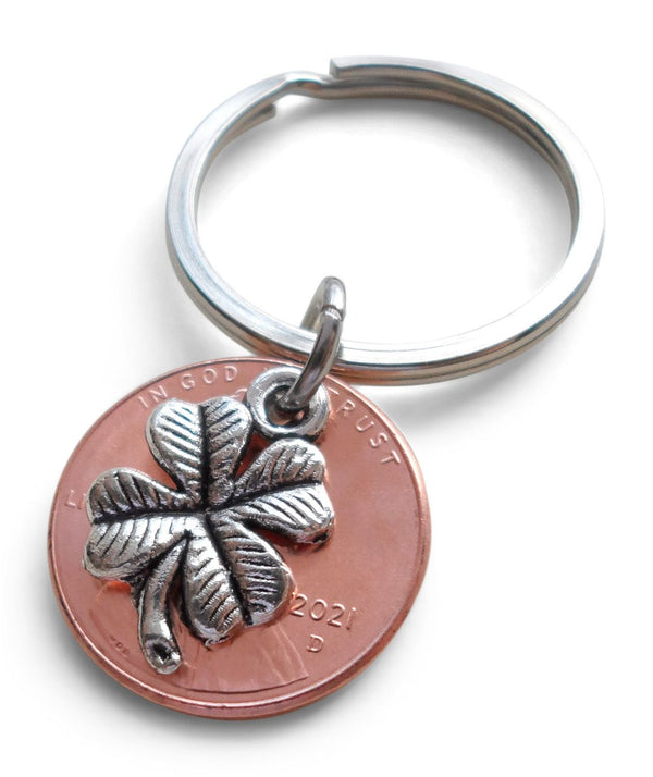 Clover Charm Layered Over 2021 US One Cent Penny Keychain; Anniversary Gift, Couples Keychain