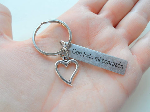 Heart Charm & Steel Tag Engraved "Con todo mi corazón" (With All My Heart) in Spanish, Couples Anniversary Keychain