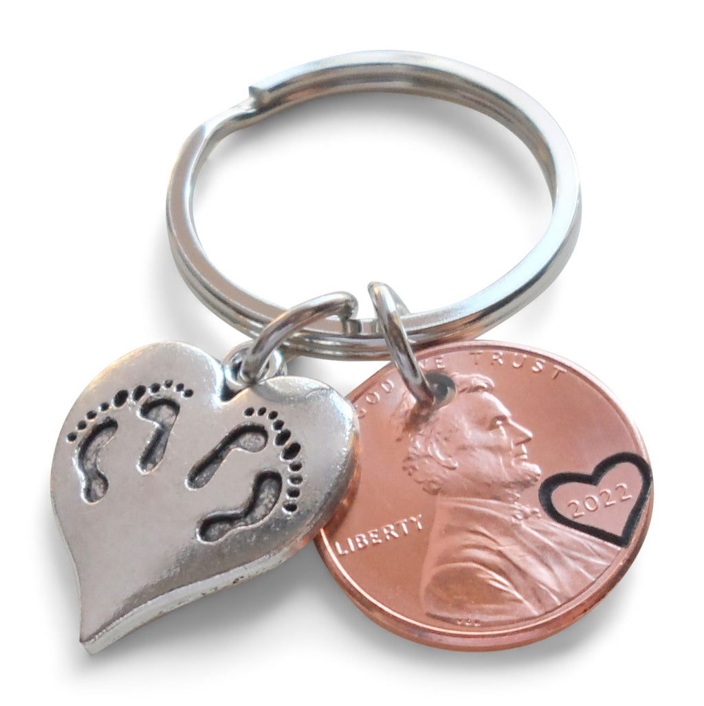 US One Cent Penny Keychain with Heart Around Year & Twin Baby Feet Heart Charm, Mother's Keychain, Father's Keychain