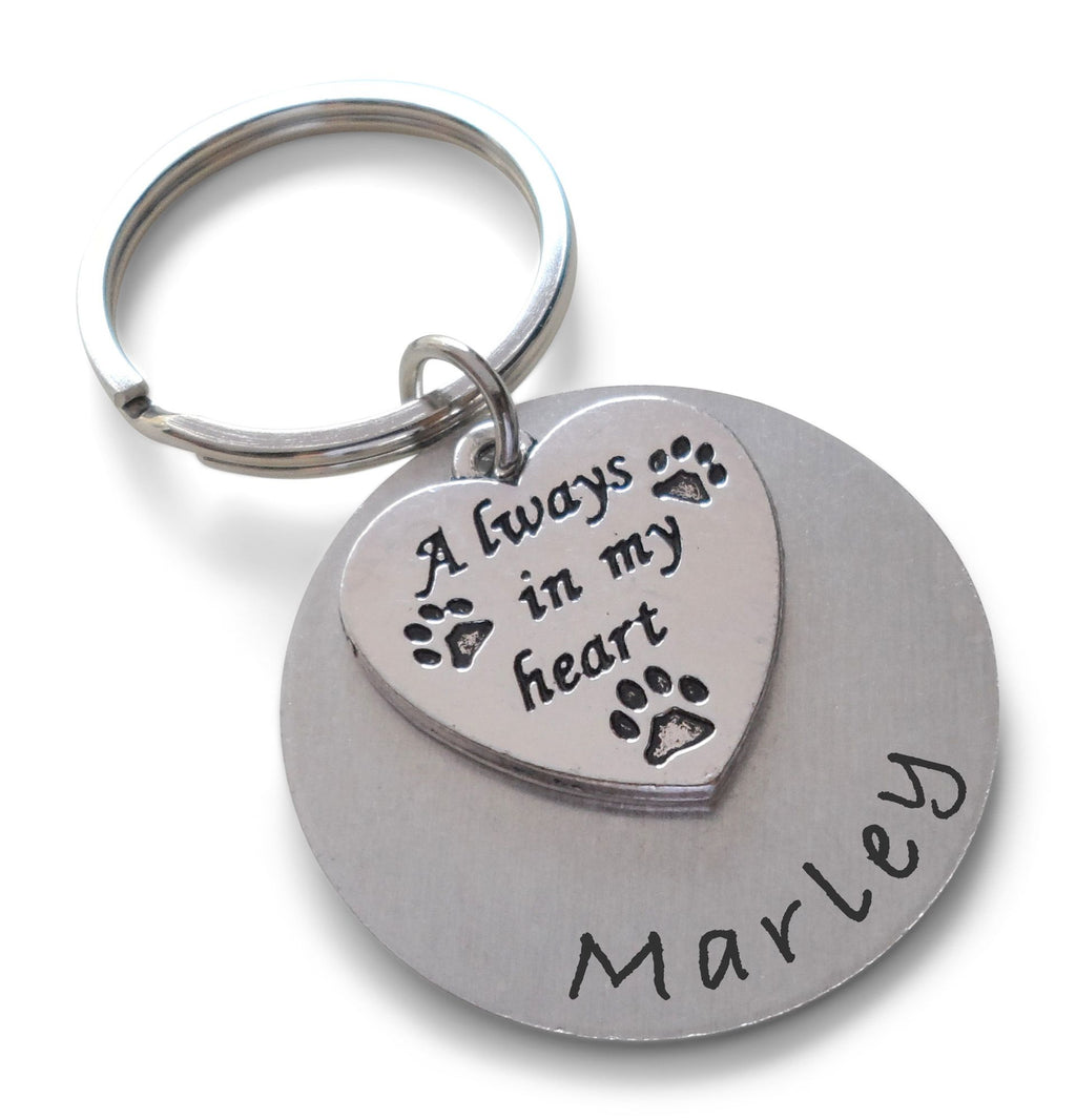 Custom Always in My Heart Paw Print Charm Keychain with Engraved Disc, Pet Loss, Dog Memorial Keychain, Family Pet Memorial Keychain