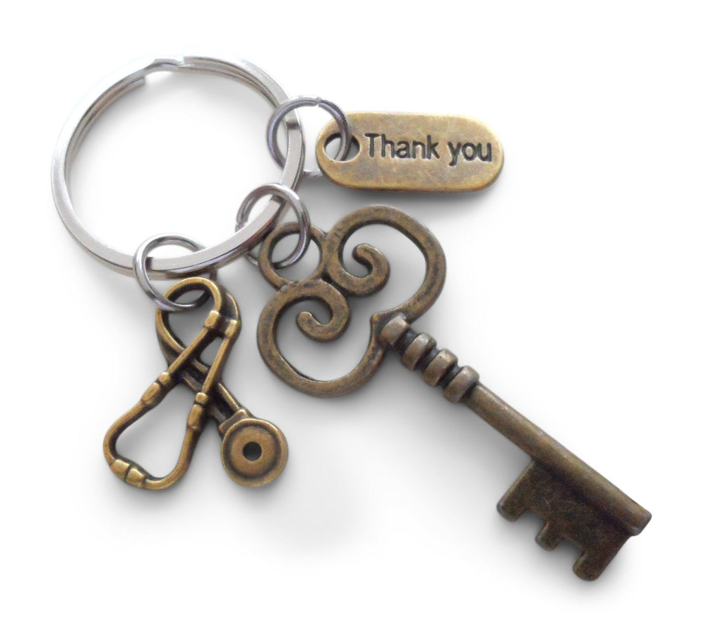 Bronze Key & Stethoscope Charm Keychain, Nurse Gift, Hospital Staff Appreciation Gift, Medical Team Gift, Thank You Gift