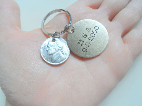 Custom Engraved Brass Disc Keychain with 2000 Nickel, 21 Year Anniversary Gift Keychain, Personalized Engraved Keychain