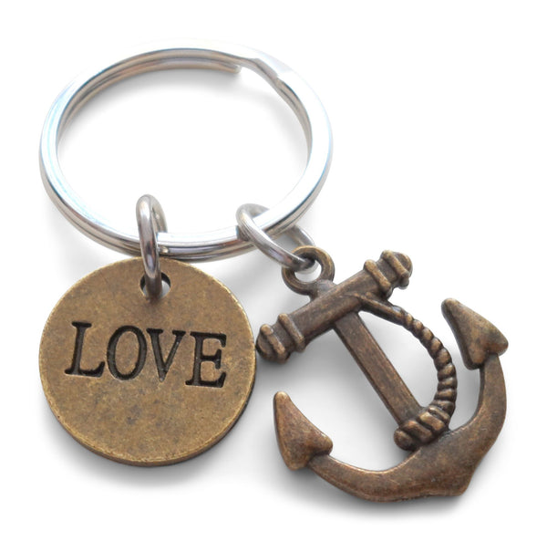 Bronze Anchor Keychain with Love Disc Charm - You're the Anchor in my Life; Couples Keychain