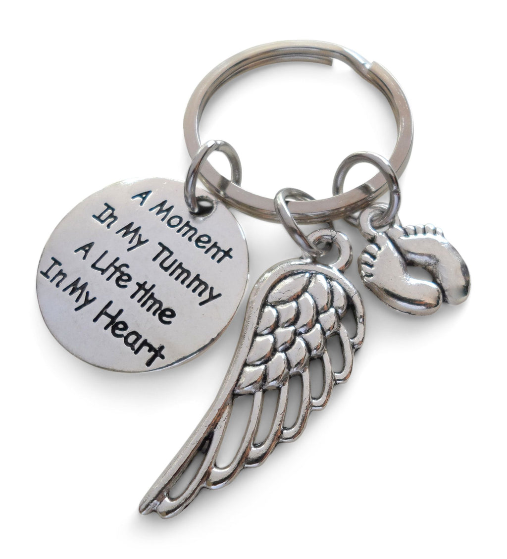 A Moment in My Tummy A Lifetime in My Heart, Baby Memorial Keychain, Feet Charm & Wing Charm
