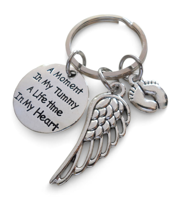 A Moment in My Tummy A Lifetime in My Heart, Baby Memorial Keychain, Feet Charm & Wing Charm