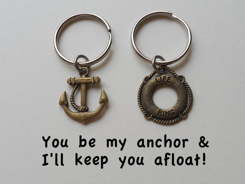 Bronze Anchor & Lifesaver Ring Keychain Set - You Be My Anchor And I'll Keep You Afloat; 8 Year Aniversary Gift, Couples Keychain Set