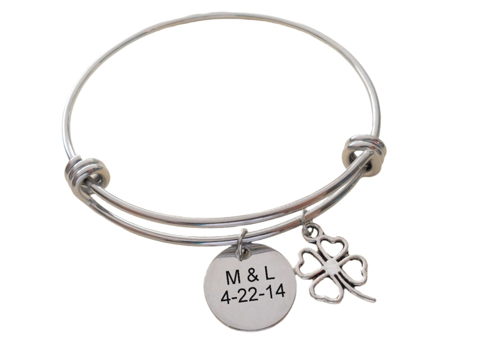 Four Leaf Clover Charm Bangle Bracelet, Custom Engraved Bracelet, Couples Anniversary Gift, Husband Wife, Girlfriend Boyfriend, Best Friend