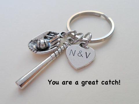 Baseball Bat and Mitt Keychain - You Are a Great Catch; Couples Keychain, Customization Options