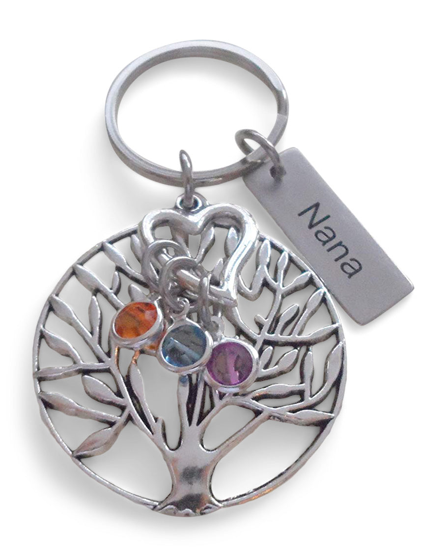Custom Engraved Family Tree Keychain with Birthstone Charms, Gift for Mom, or Grandma, Personalized