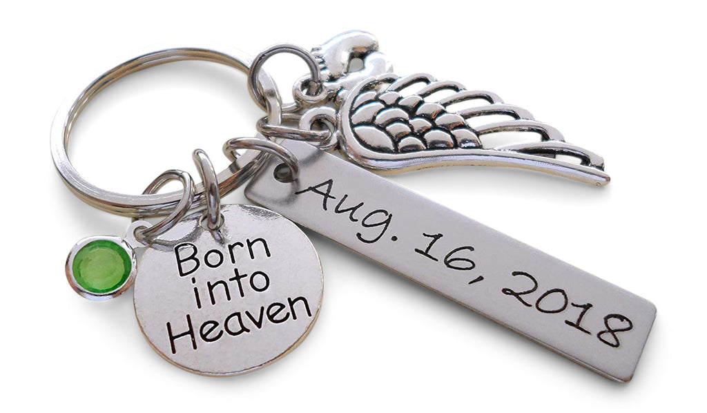 Custom Engraved Baby Memorial Keychain • Born into Heaven Keychain w/ Baby Feet & Wings Charm | Jewelry Everyday